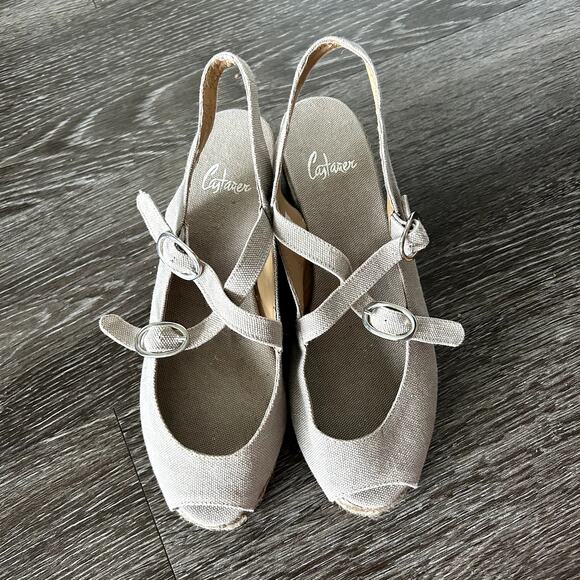 EUC Vintage Castañer Beige Canvas Espadrille Wedge Sandals EU 37 US 6.5 Peep Toe - Picture 13 of 14